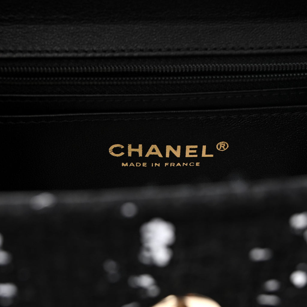 Tweed Sequin Quilted Top Handle Box Bag Black