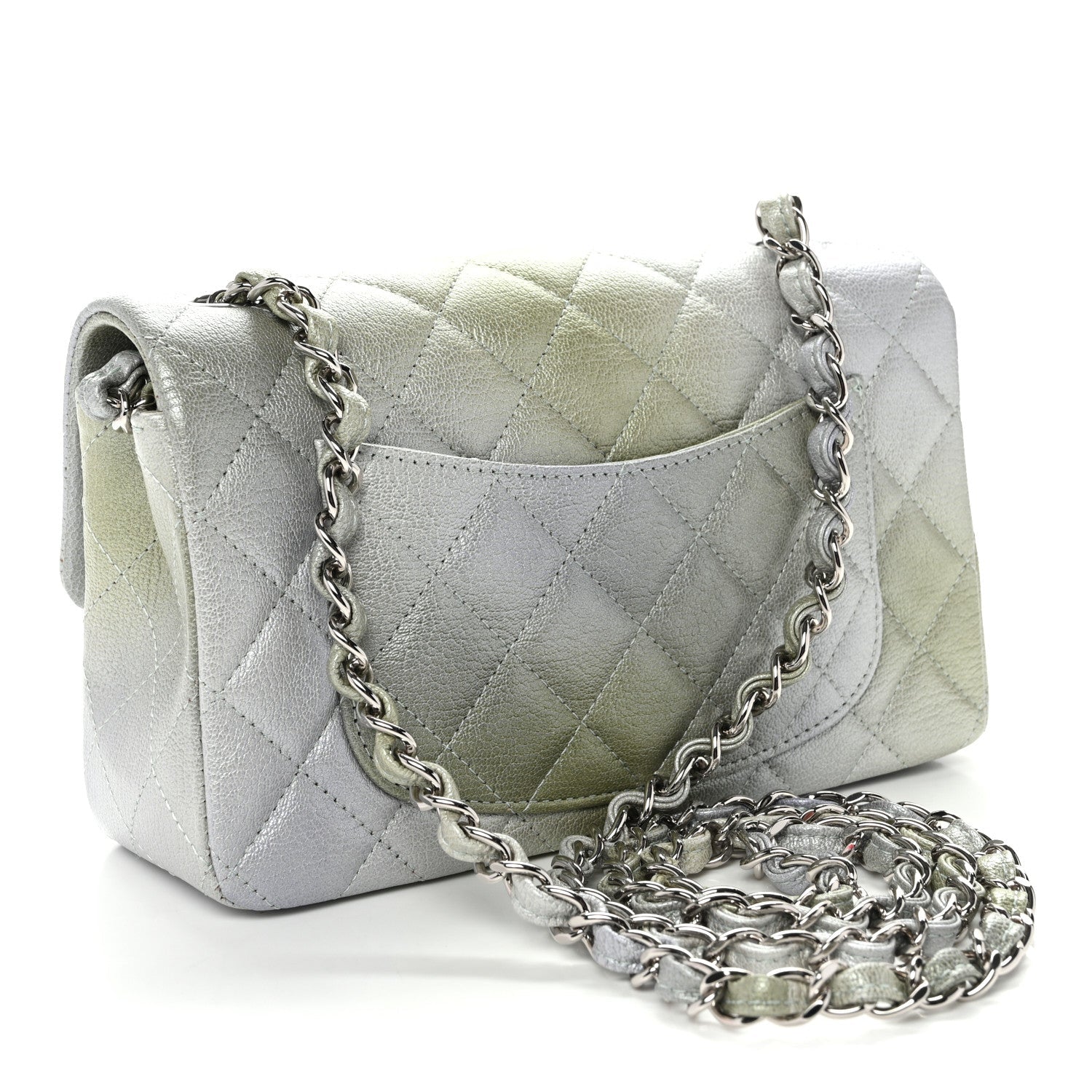Metallic Goatskin Quilted Ombre Mini Rectangular Flap Grey Green