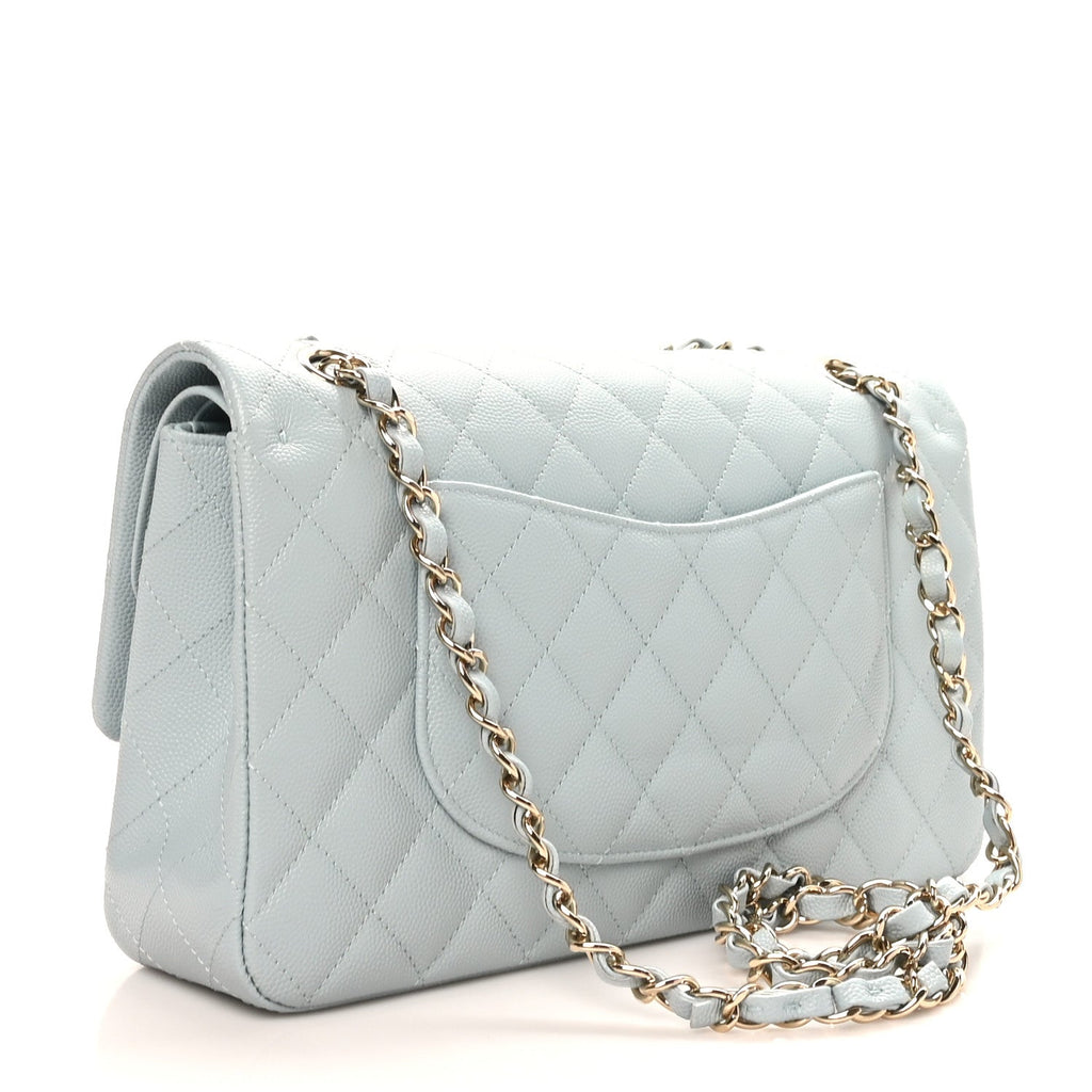 Caviar Quilted Medium Double Flap Light Blue