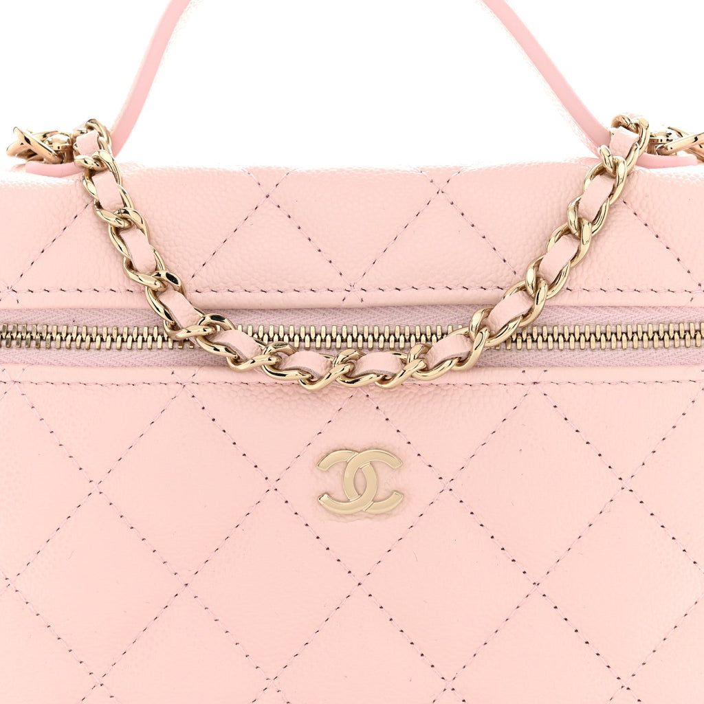 Caviar Quilted Top Handle Slim Vanity With Chain Light Pink