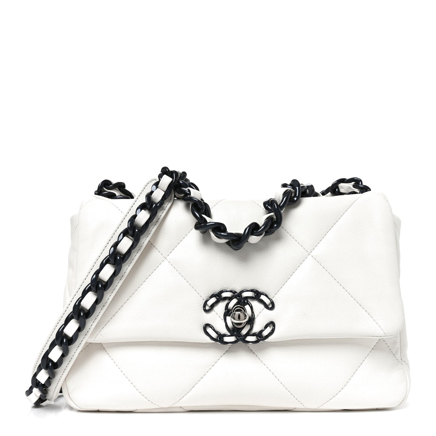 Glossy Calfskin Quilted Medium Chanel 19 Flap White Black