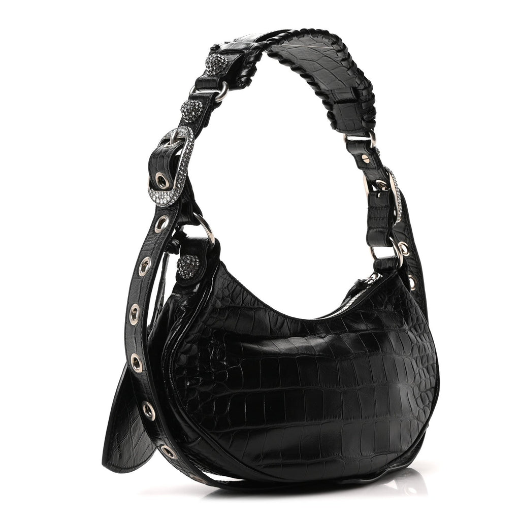Extra Supple Calfskin Crystal Crocodile Embossed Le Cagole Shoulder Bag XS Black