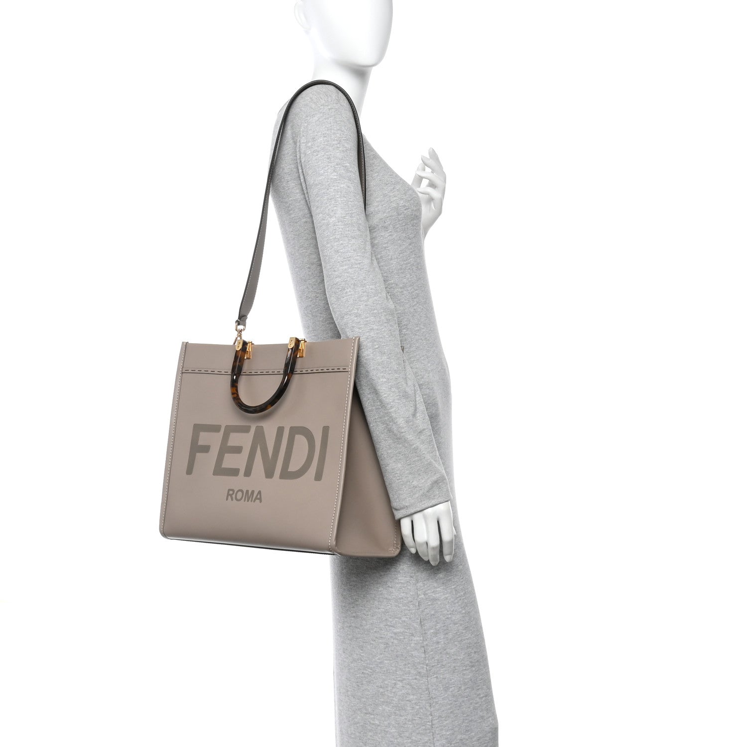 Vitello King Plexiglass Logo Embossed Medium Fendi Sunshine Shopper Tote Tortora