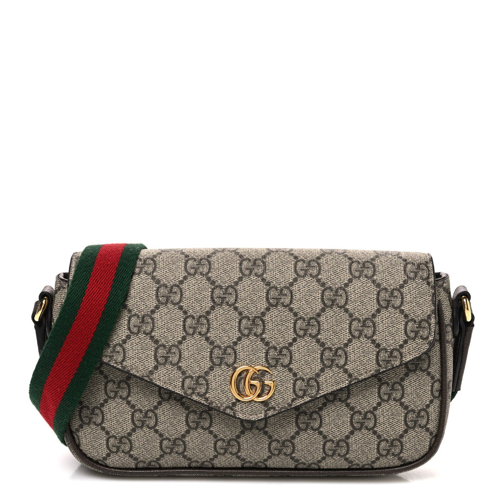 GG Supreme Monogram Textured Dollar Calfskin Web Mini Ophidia Envelope Shoulder Bag Beige Mystic White Oatmeal