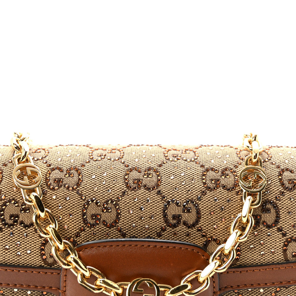 New Canvas Charisma Calfskin Crystal GG Monogram Mini Horsebit 1955 Shoulder Bag Camel Ebony