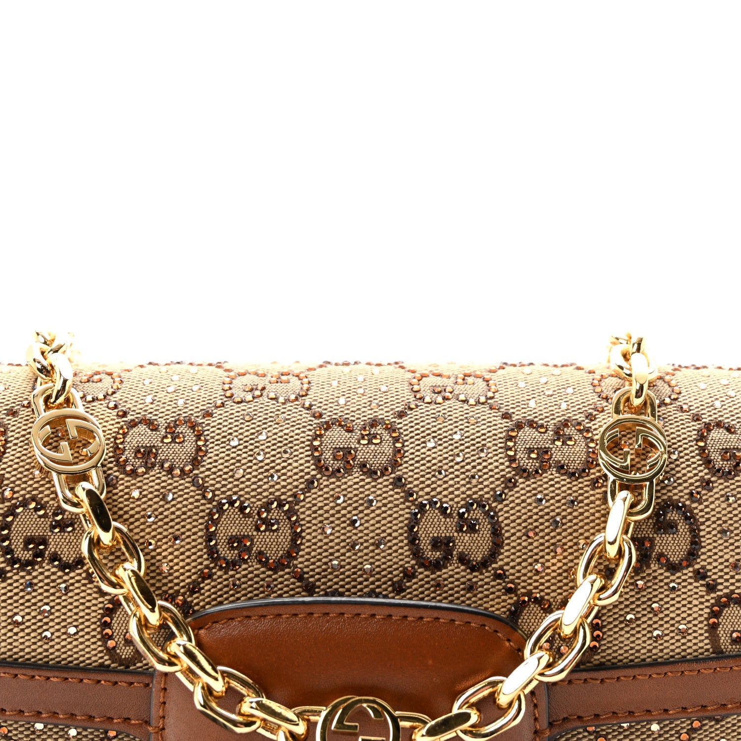 New Canvas Charisma Calfskin Crystal GG Monogram Mini Horsebit 1955 Shoulder Bag Camel Ebony