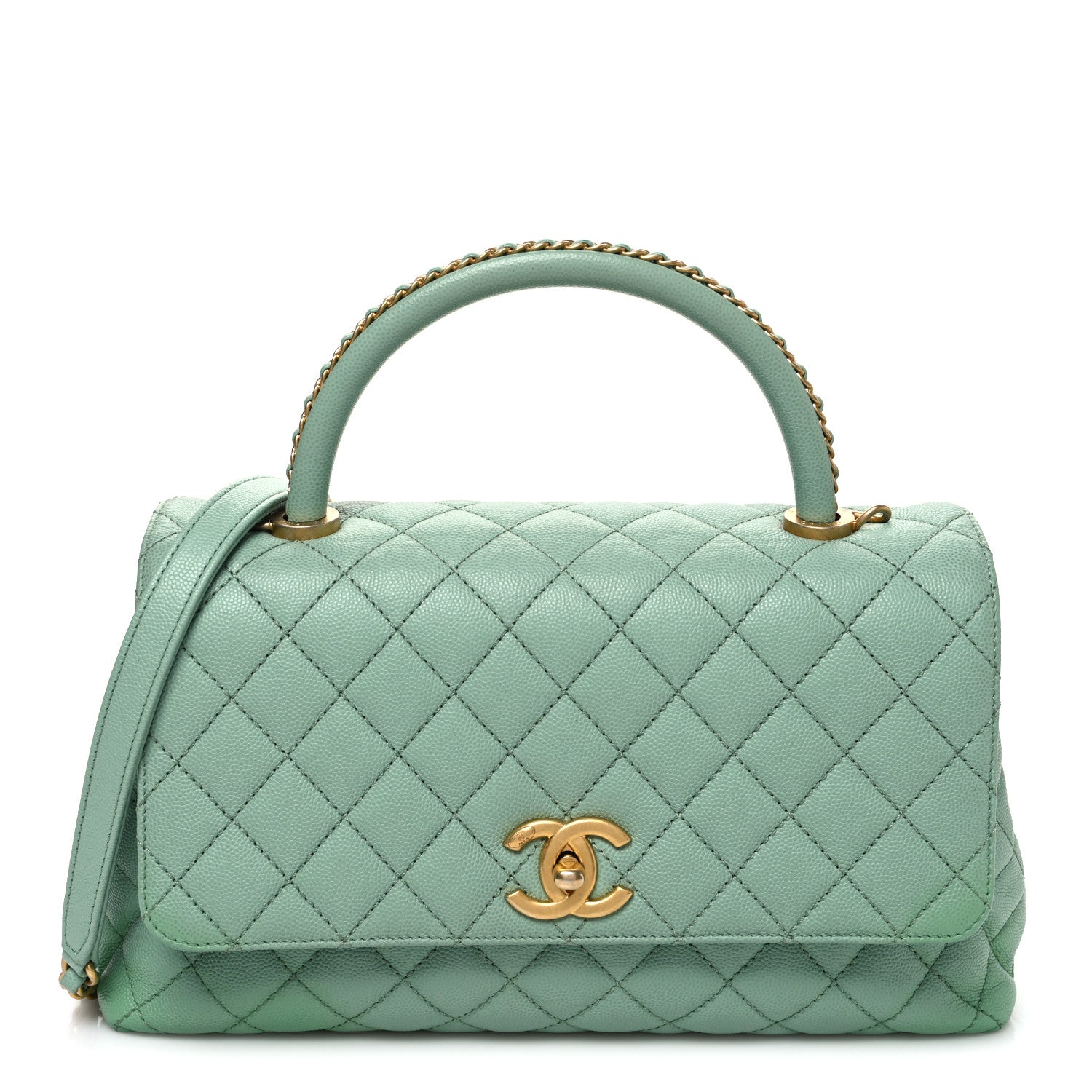 Caviar Quilted Small Coco Chain Handle Flap Light Green