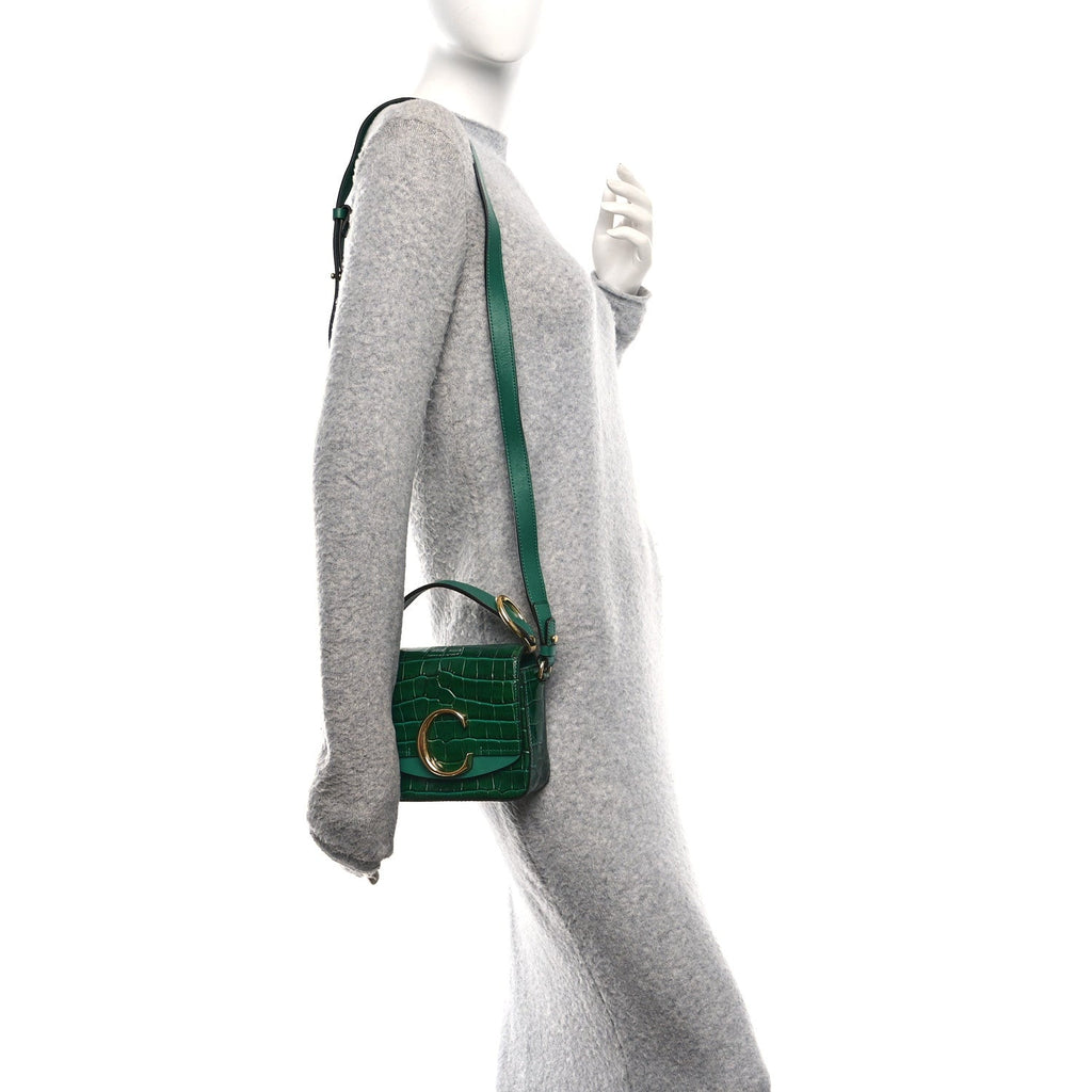 Calfskin Crocodile Embossed Mini C Double Carry Woodsy Green