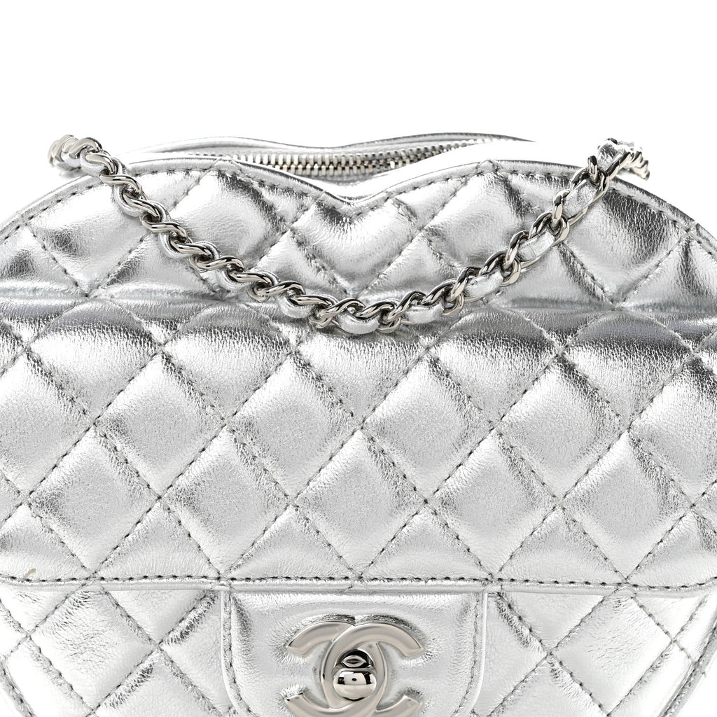 Metallic Lambskin Quilted Large CC In Love Heart Bag Silver