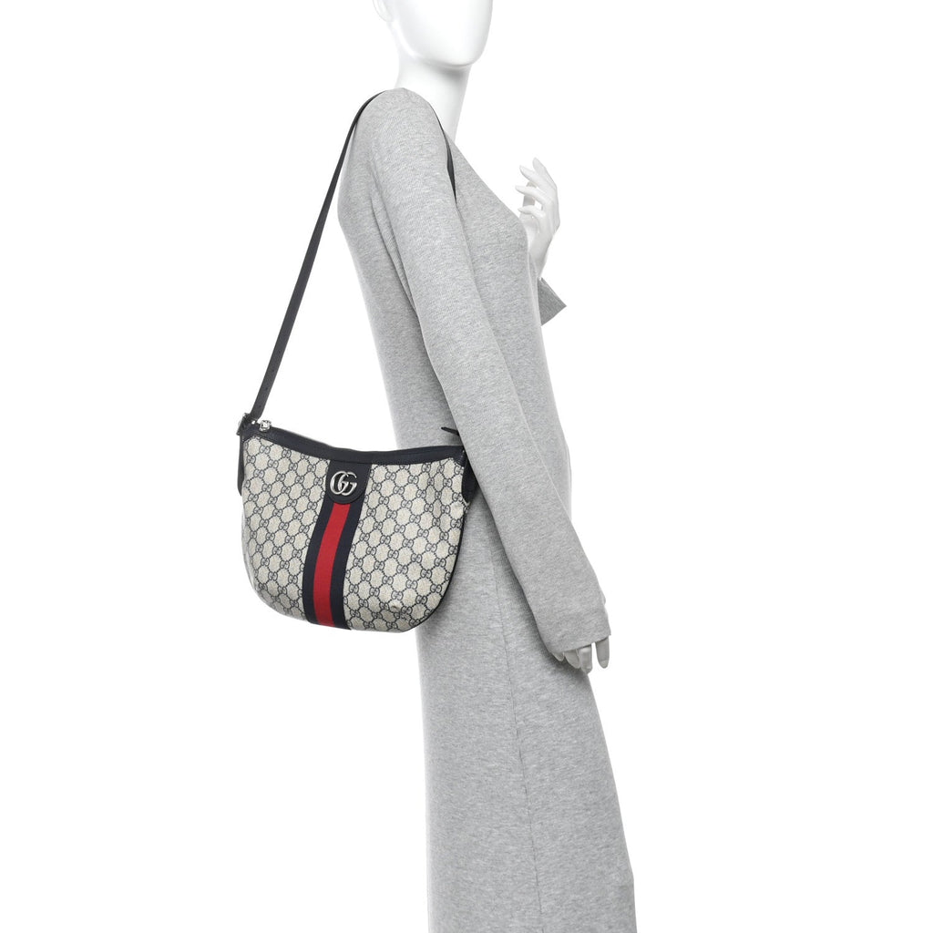 GG Supreme Monogram Textured Dollar Calfskin Web Small Ophidia Half Moon Hobo Beige Blue