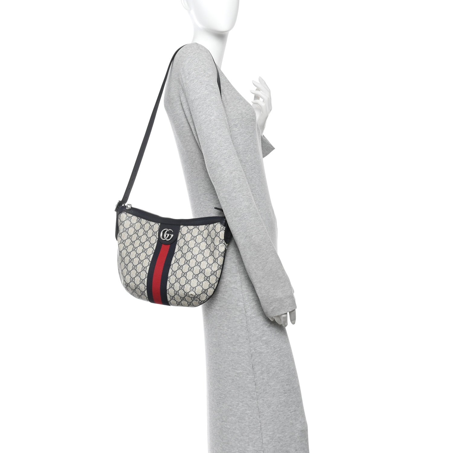 GG Supreme Monogram Textured Dollar Calfskin Web Small Ophidia Half Moon Hobo Beige Blue