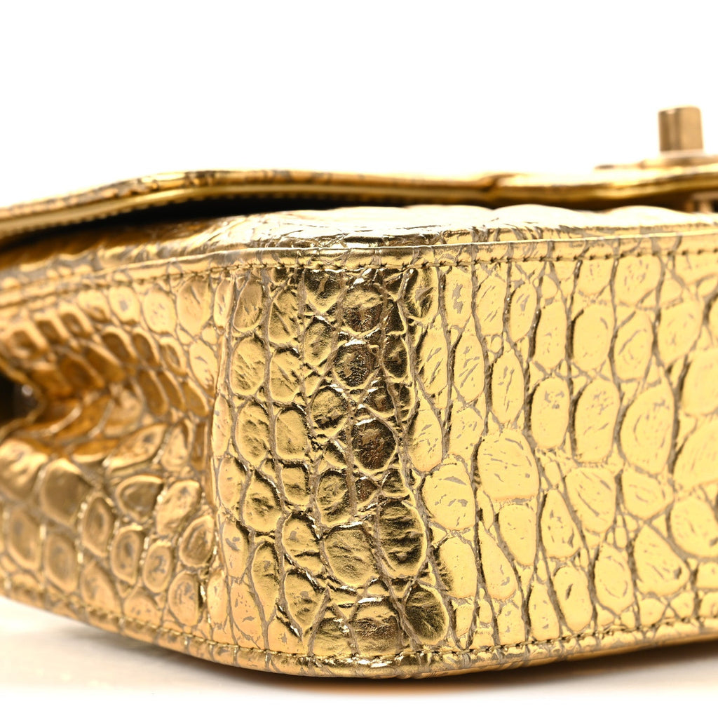 Metallic Calfskin Crocodile Embossed Cocodile Rectangular Mini Flap Gold