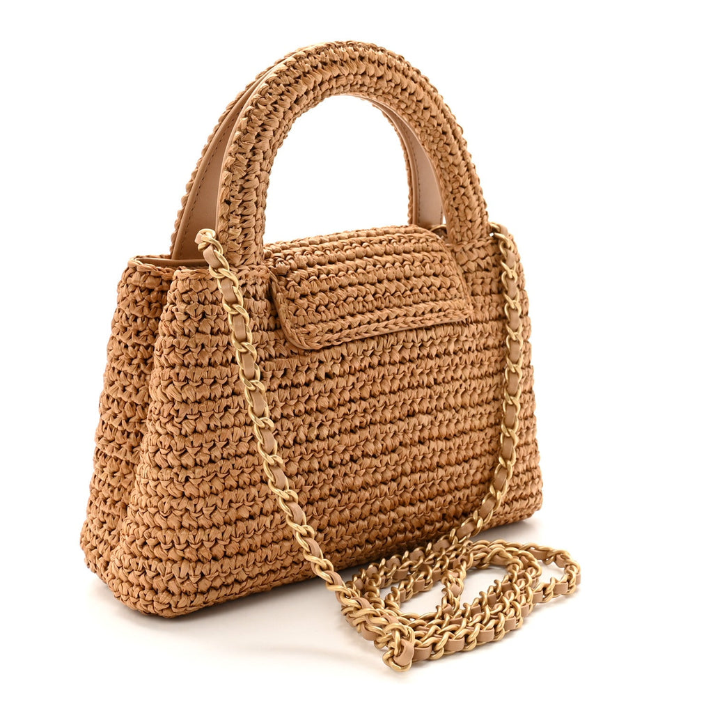 Braided Raffia Nano Kelly Flap Bag Dark Beige