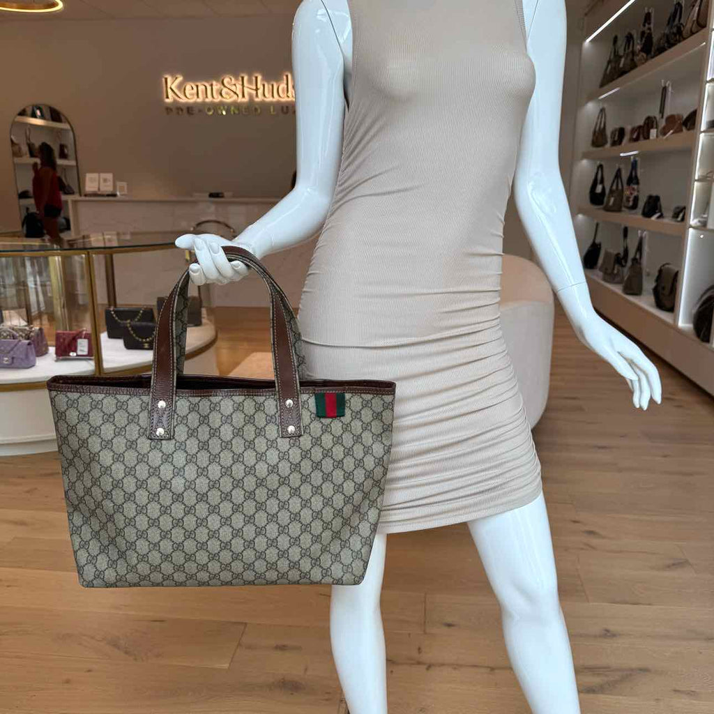 GUCCI Plus Monogram Medium Signature Web Loop Tote Brown