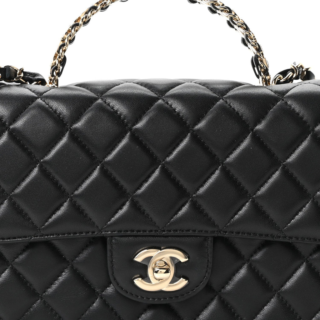 Lambskin Quilted Crystal Top Handle Small Rectangular Flap Black