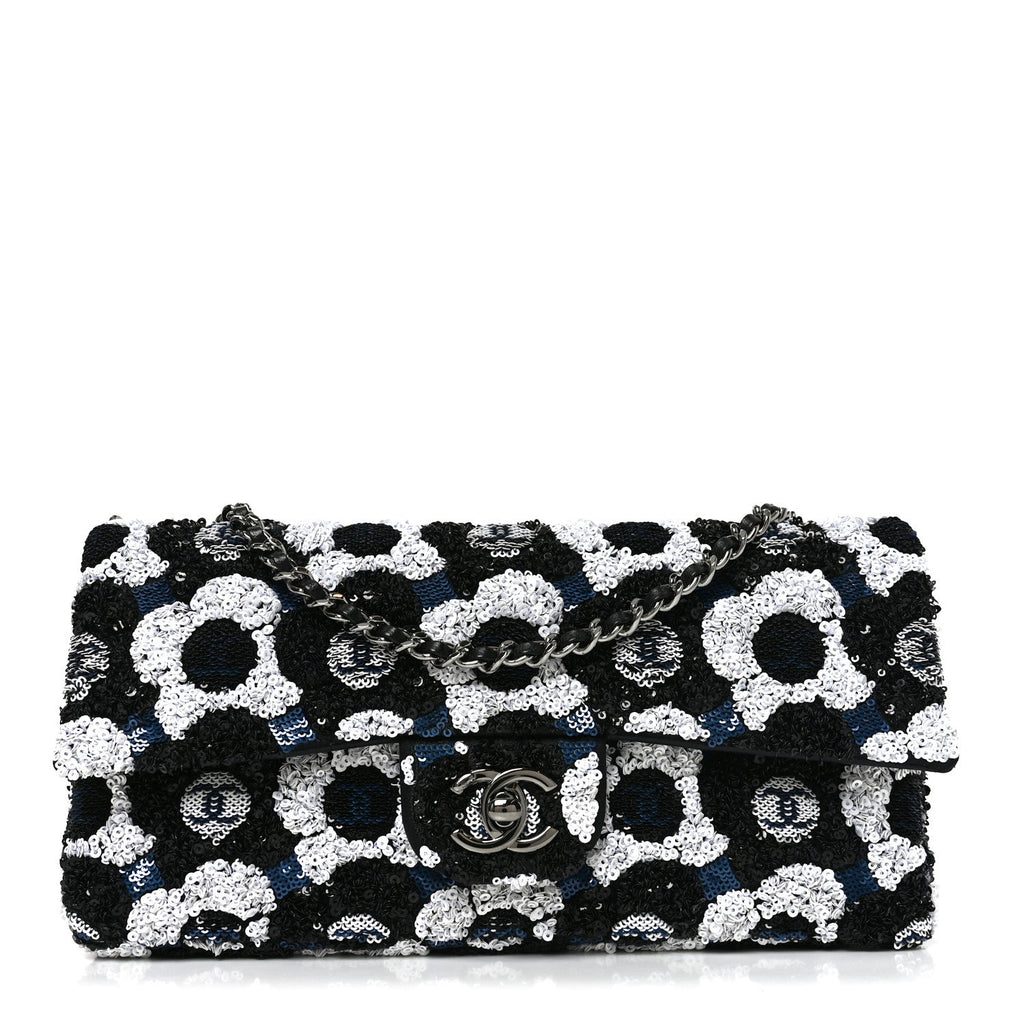 Satin Sequin Embellished Flower East West Flap Black White Blue