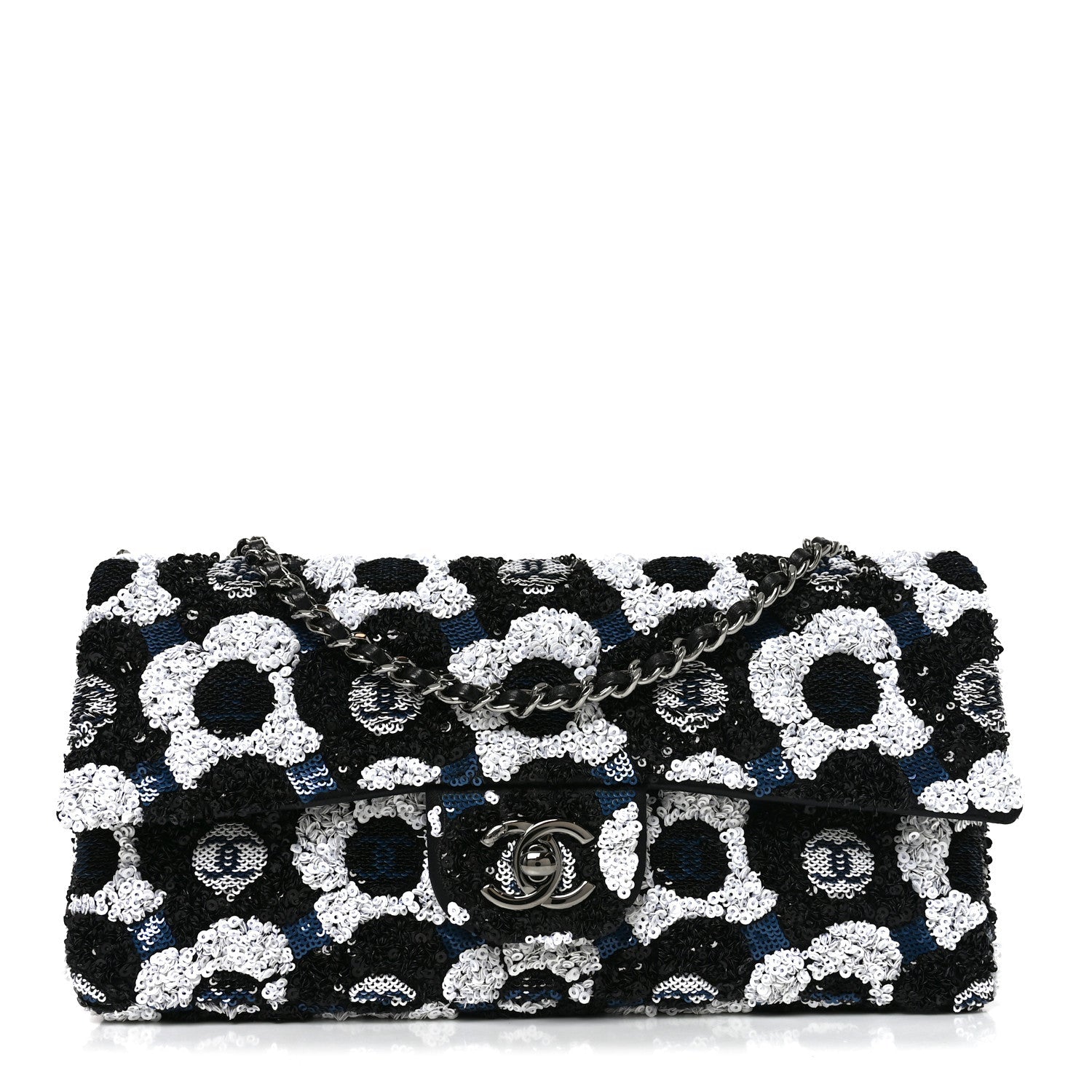Satin Sequin Embellished Flower East West Flap Black White Blue