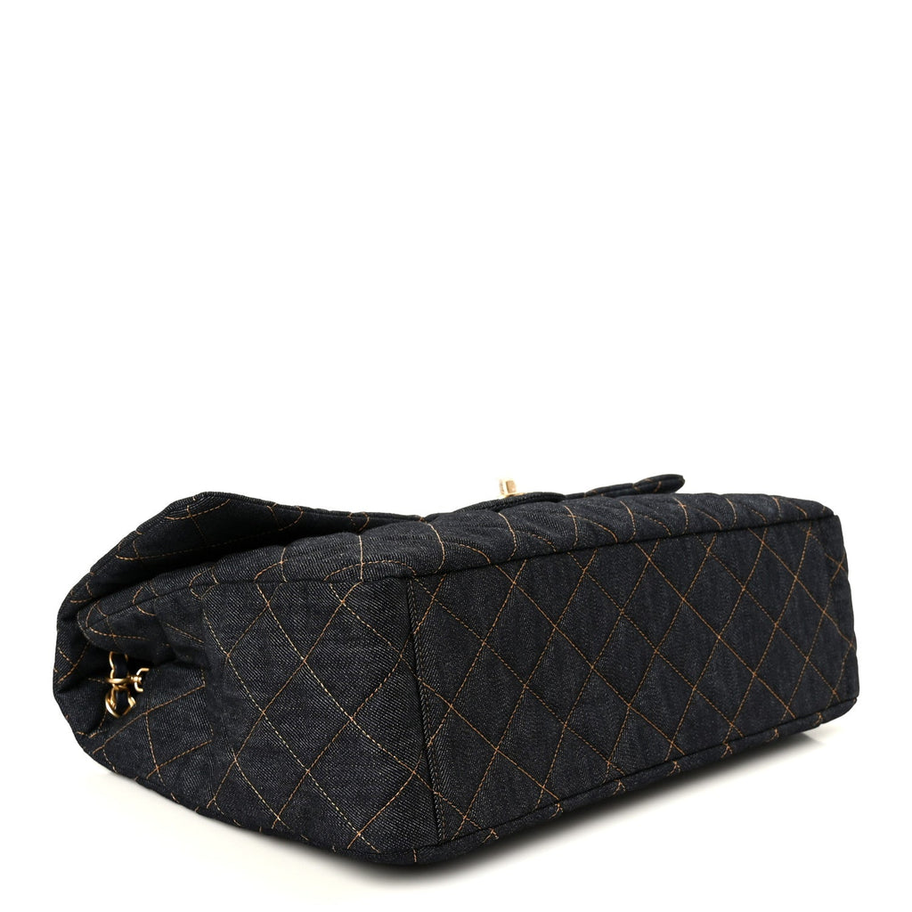 Denim Quilted XXL Travel Flap Bag Dark Blue Orange