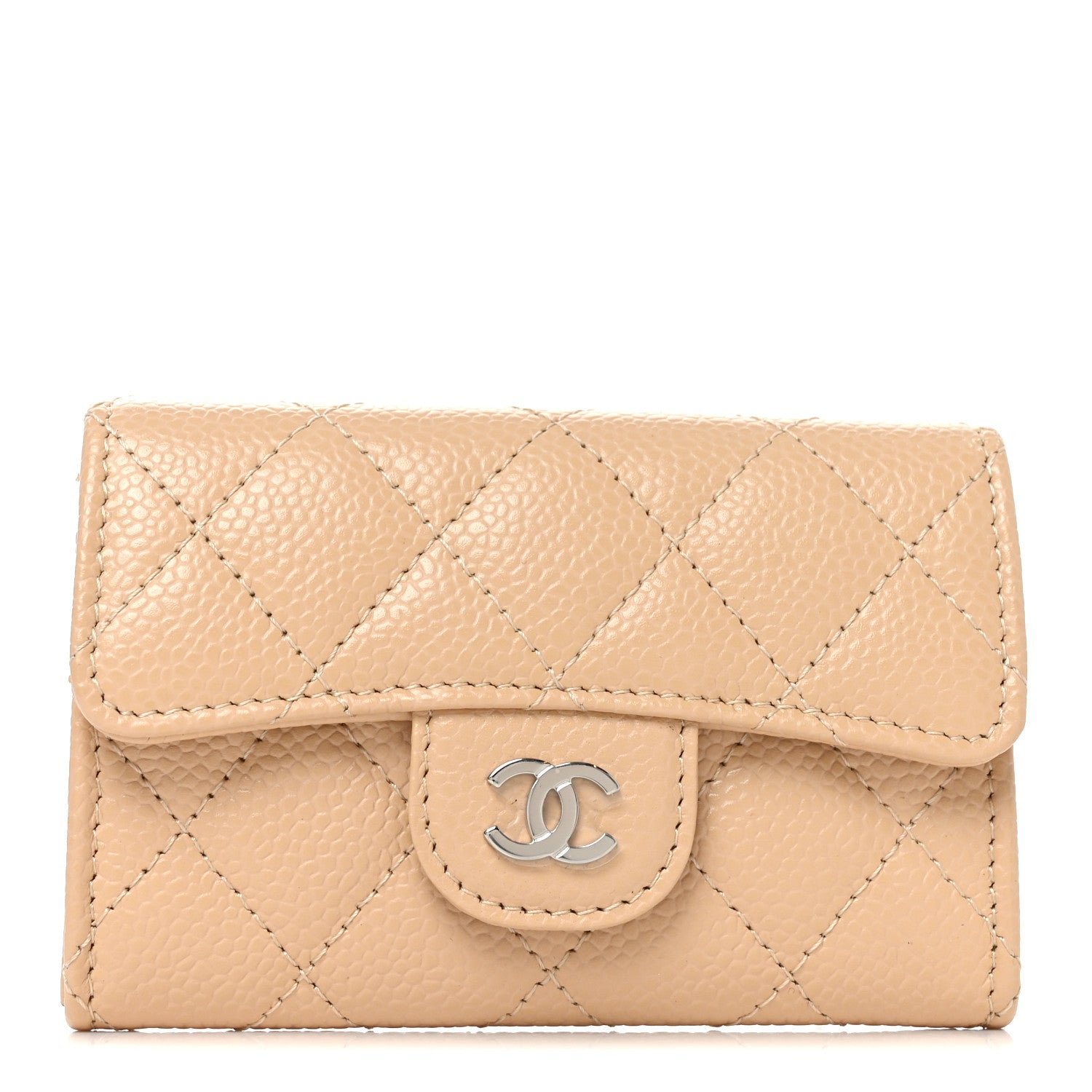 Caviar Quilted Flap Card Holder Wallet Beige