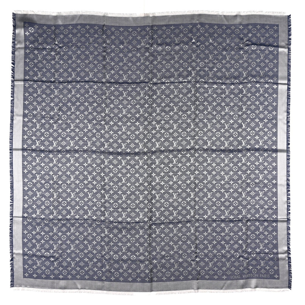 Silk Wool Monogram Denim Shawl Blue