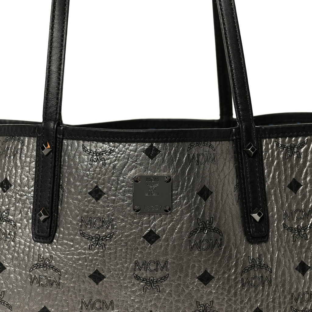 Metallic Visetos Medium Reversible Shopper Tote Silver Black