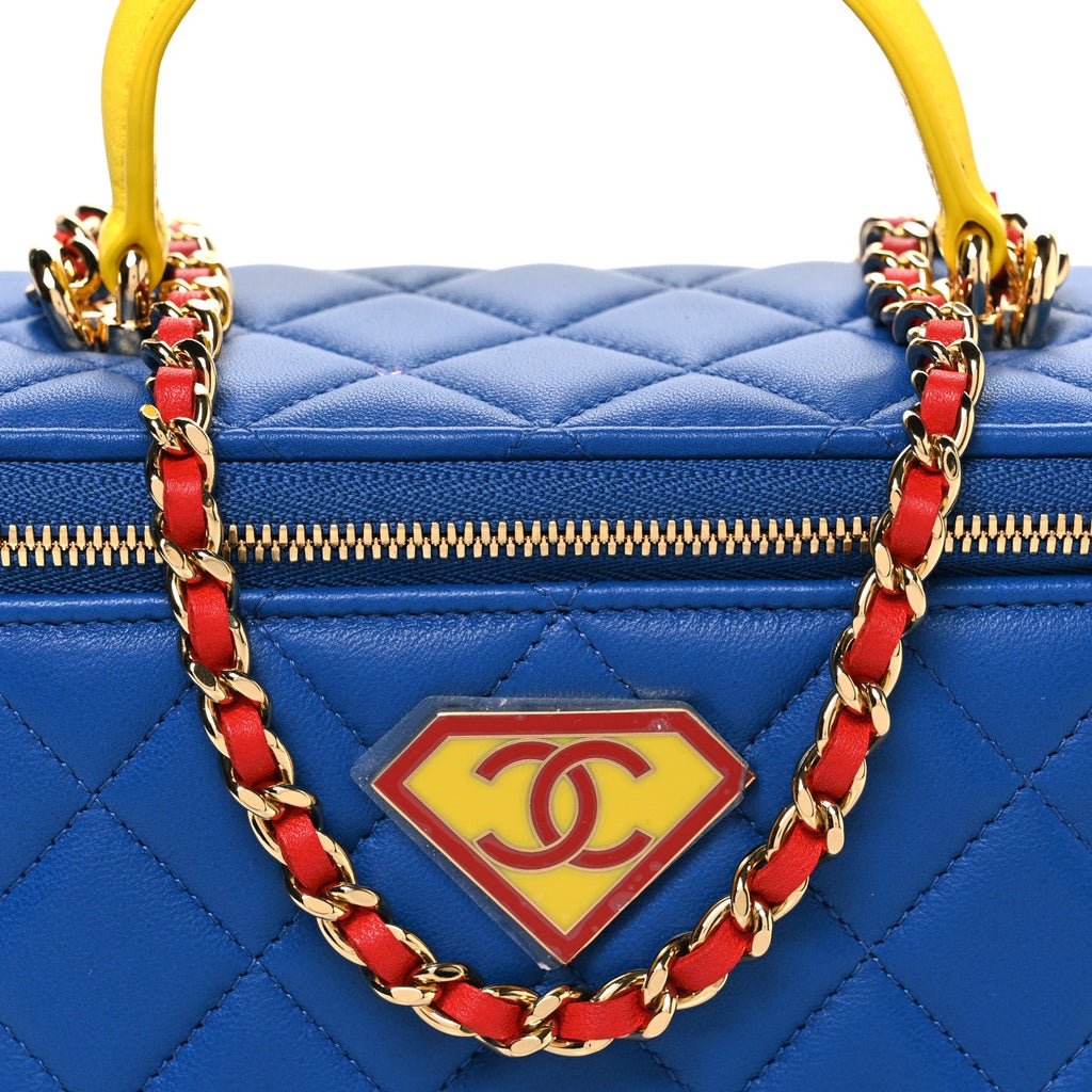 Lambskin Quilted Superhero Top Handle Long Vanity Blue Red Yellow