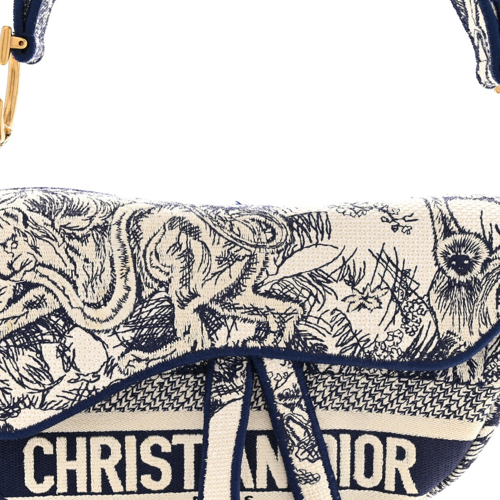 Canvas Embroidered Toile de Jouy Saddle Bag Blue
