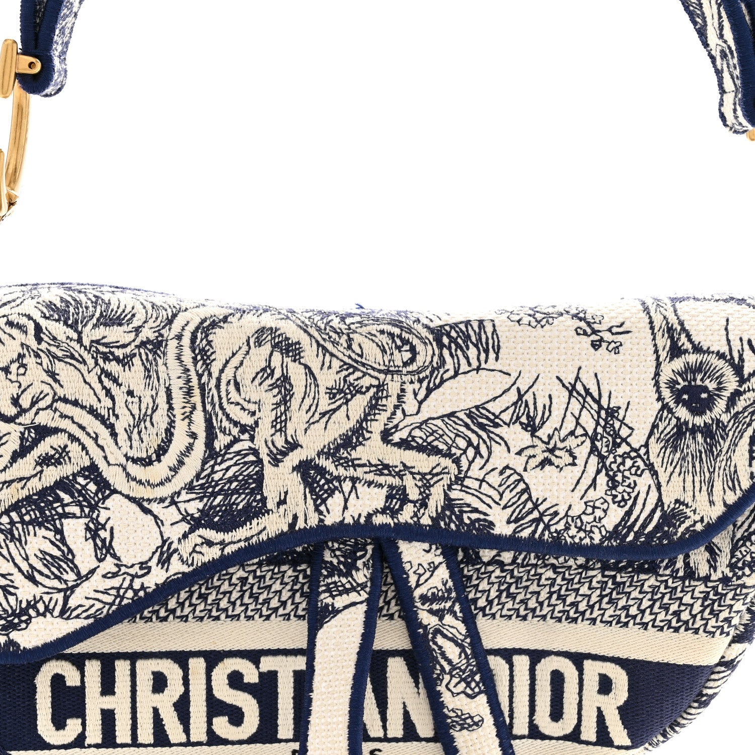 Canvas Embroidered Toile de Jouy Saddle Bag Blue