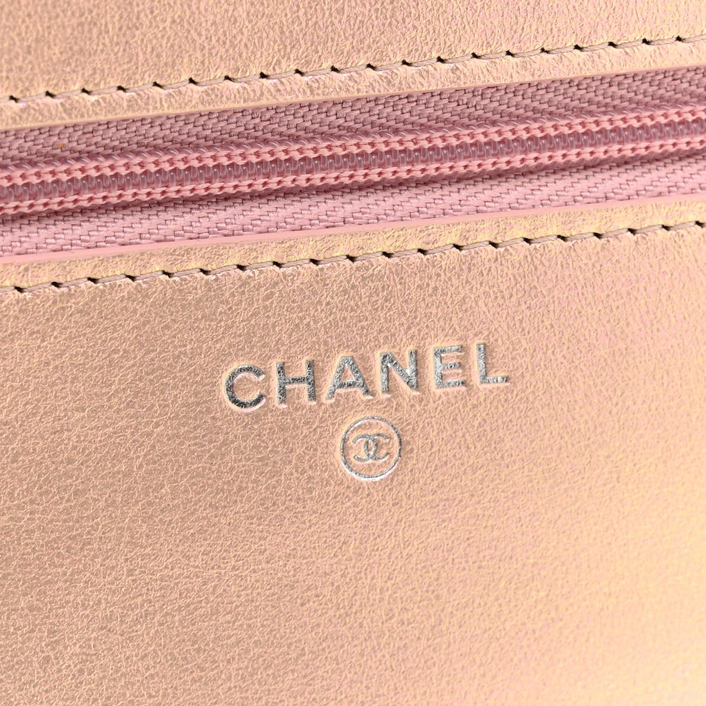 Iridescent Calfskin Quilted Wallet On Chain WOC Pink