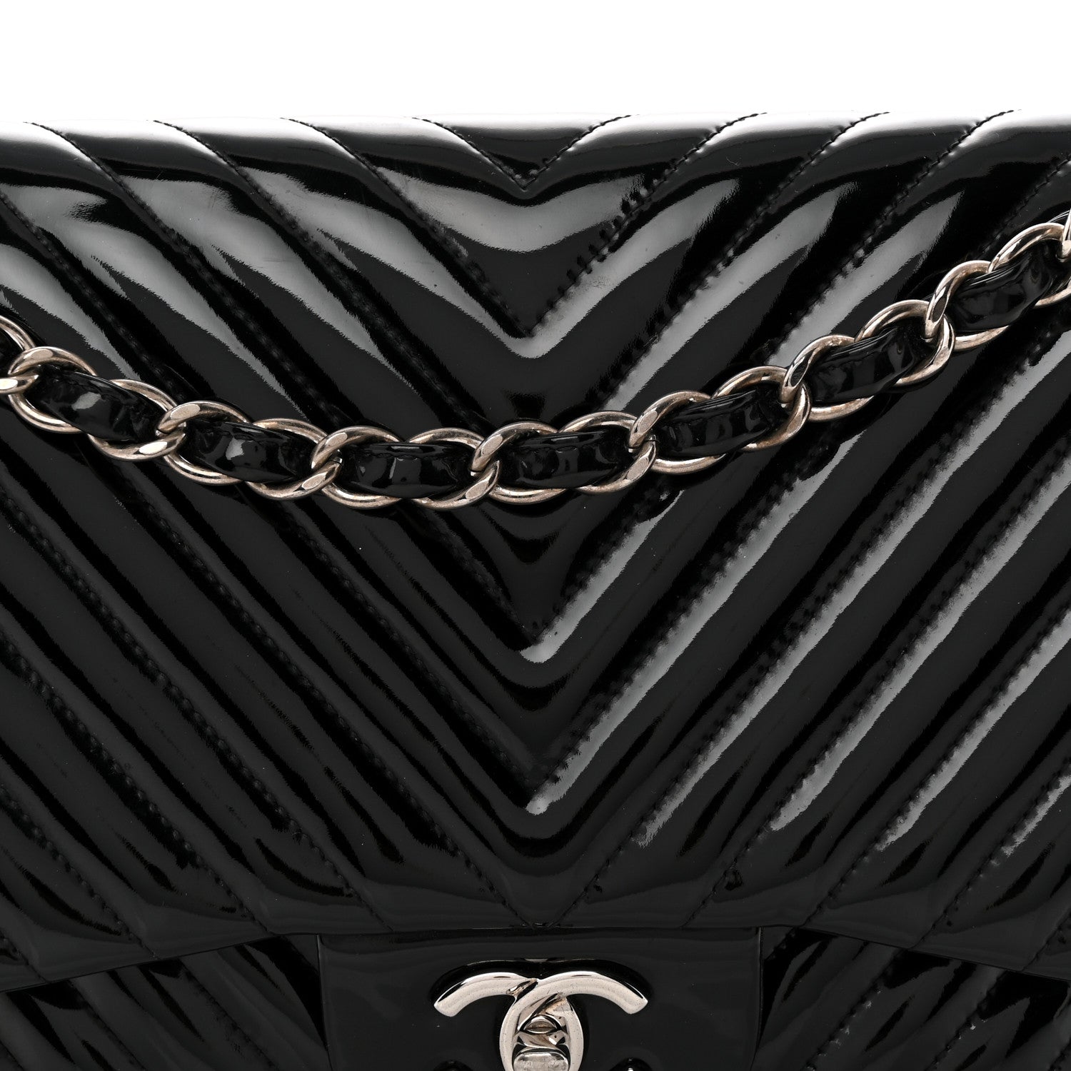 Patent Chevron Quilted Jumbo Double Flap Black