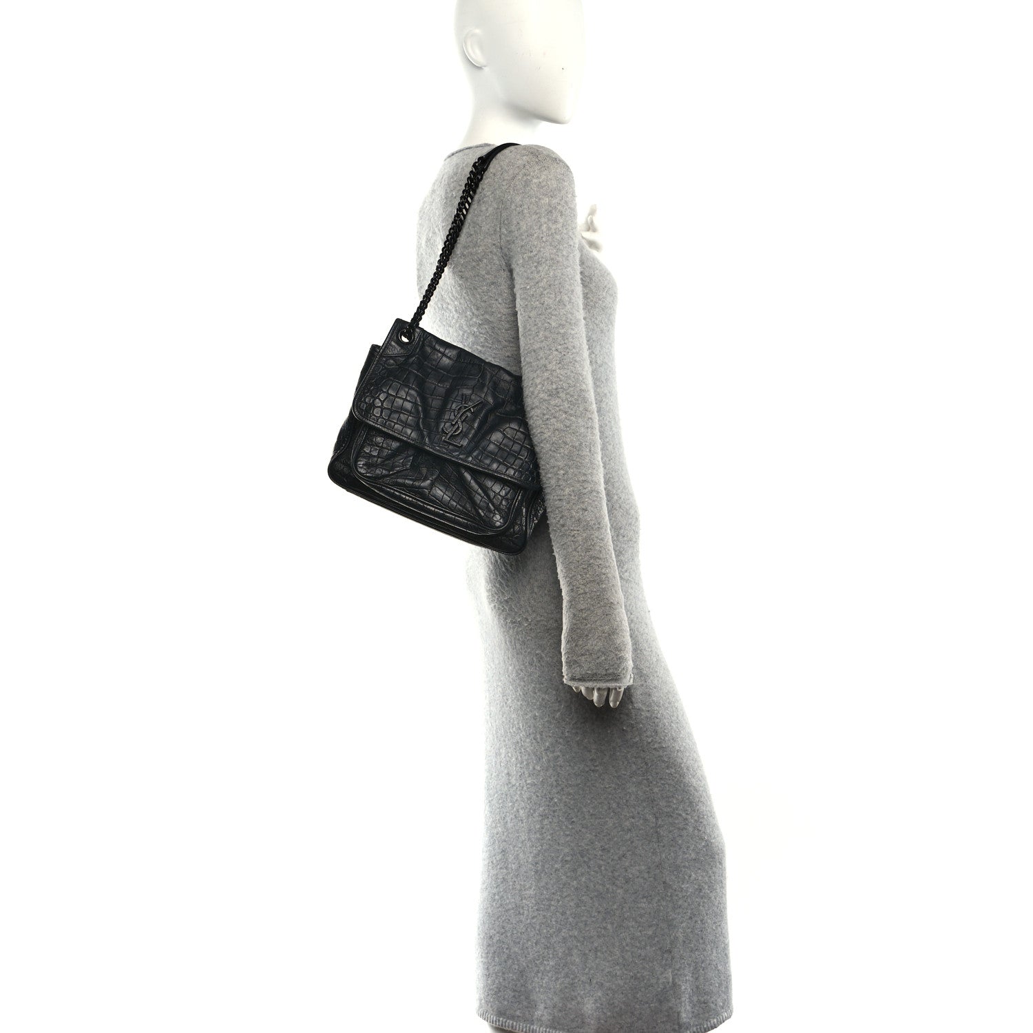 Crocodile Embossed Lambskin Monogram Medium Niki Chain Satchel Black