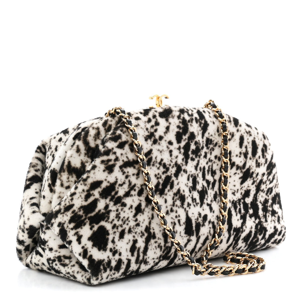 Lambskin Pony Hair Printed Clutch With Chain Black White