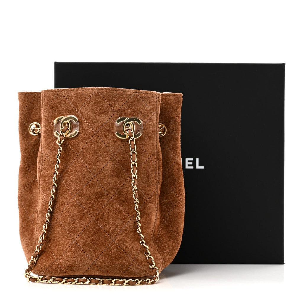 Suede Quilted Bucket Bag With Chain Camel
