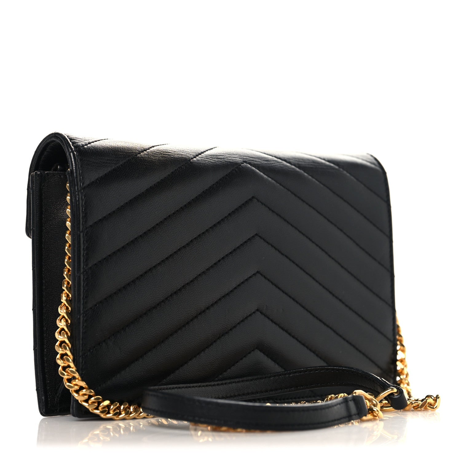 Calfskin Matelasse Chevron Monogram Envelope Chain Wallet Black