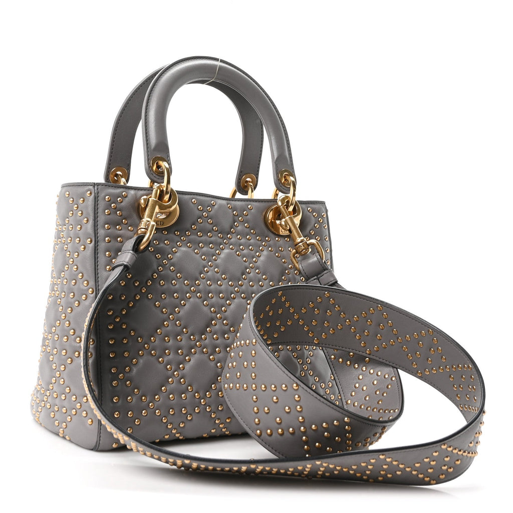 Calfskin Cannage Studded Medium Supple Lady Dior Grey