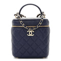 Caviar Quilted Small Top Handle Vanity Case With Chain Navy Blue