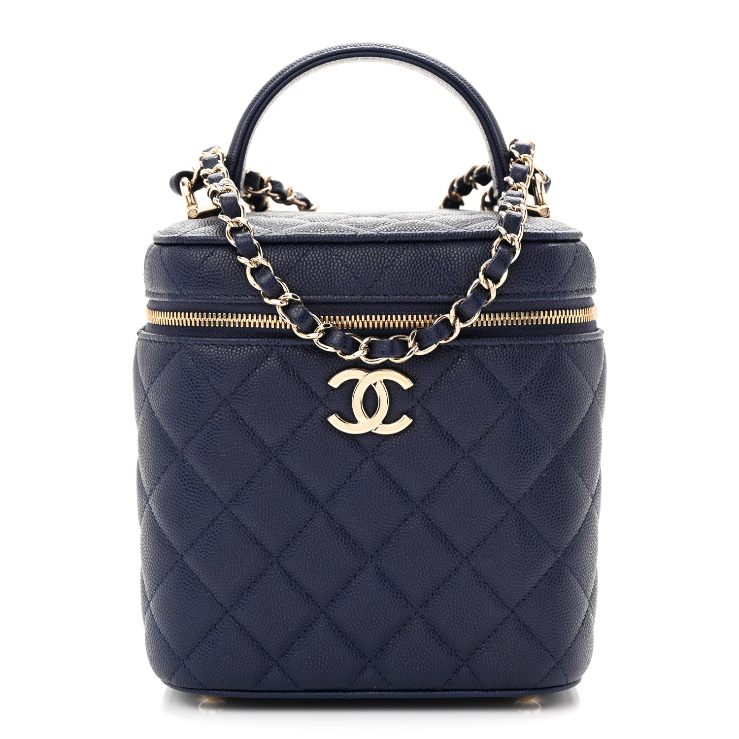 Caviar Quilted Small Top Handle Vanity Case With Chain Navy Blue
