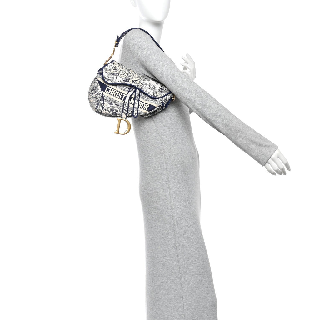 Canvas Embroidered Toile de Jouy Saddle Bag Blue