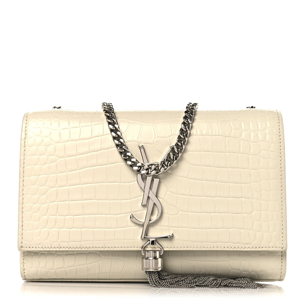 Calfskin Crocodile Embossed Small Classic Monogram Kate Tassel Satchel Blanc Vintage