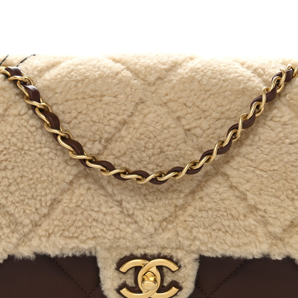 Shearling Lambskin Quilted Furry Coco Flap Beige Dark Brown