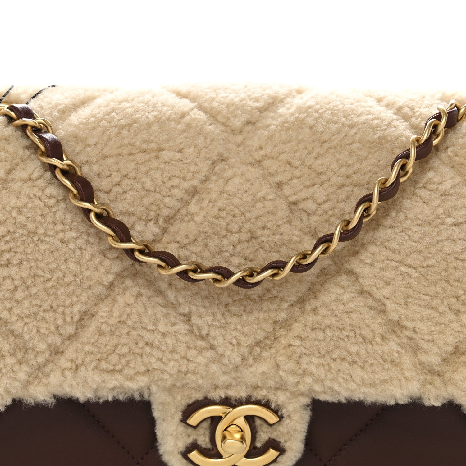 Shearling Lambskin Quilted Furry Coco Flap Beige Dark Brown