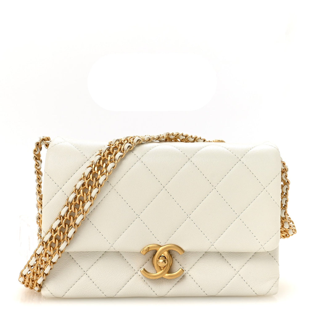Lambskin Quilted Small CC Crystal Logo Chain Flap White