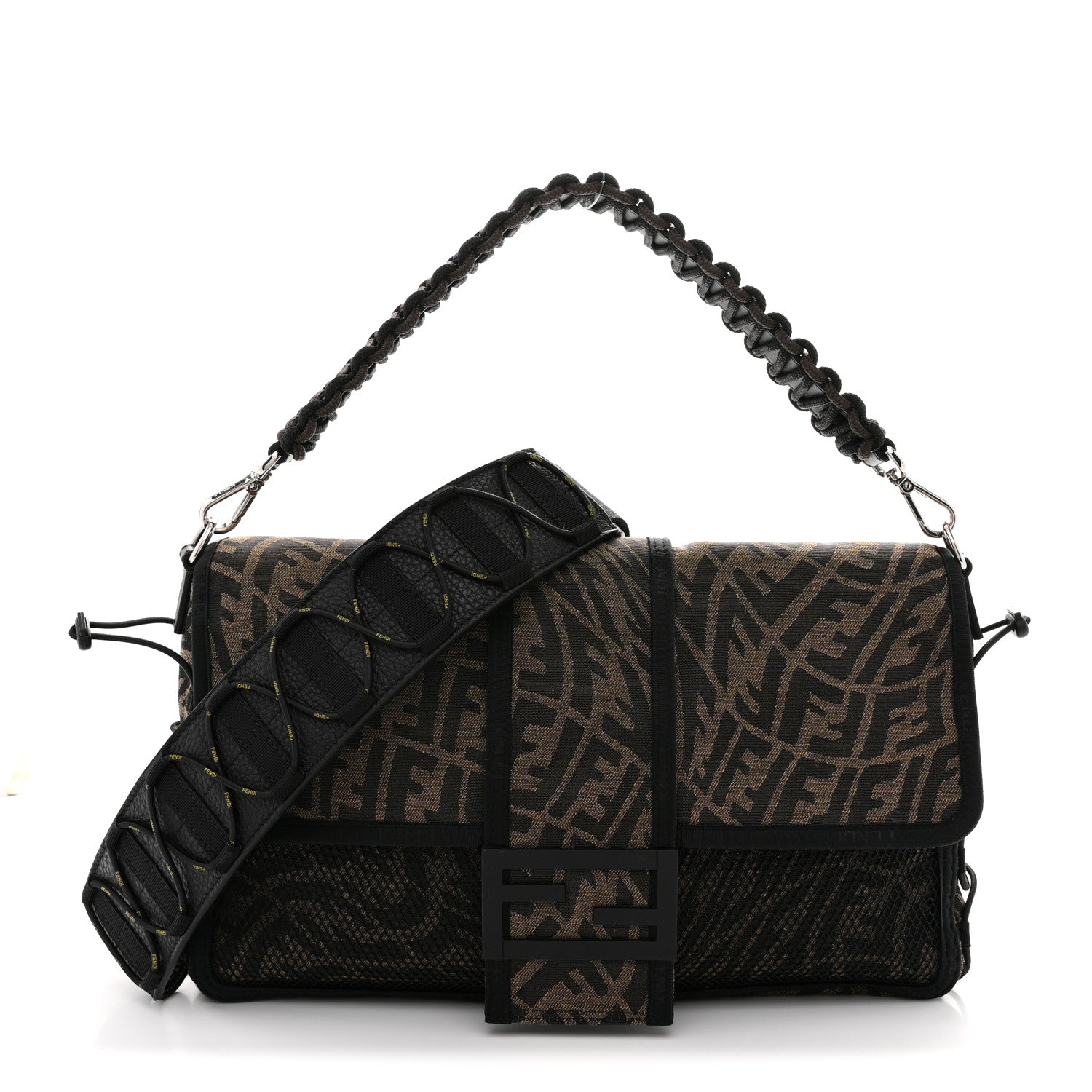 X SARAH COLEMAN Fabric Jacquard Vitello Grace FF Vertigo Woven Lanyard Large Baguette Tobacco Moro Black