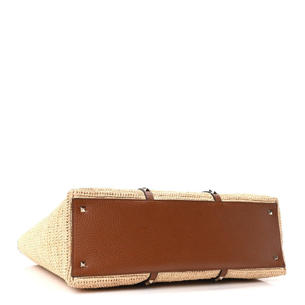 Raffia Calfskin Rockstud Shopping Tote Naturale Saddle Brown