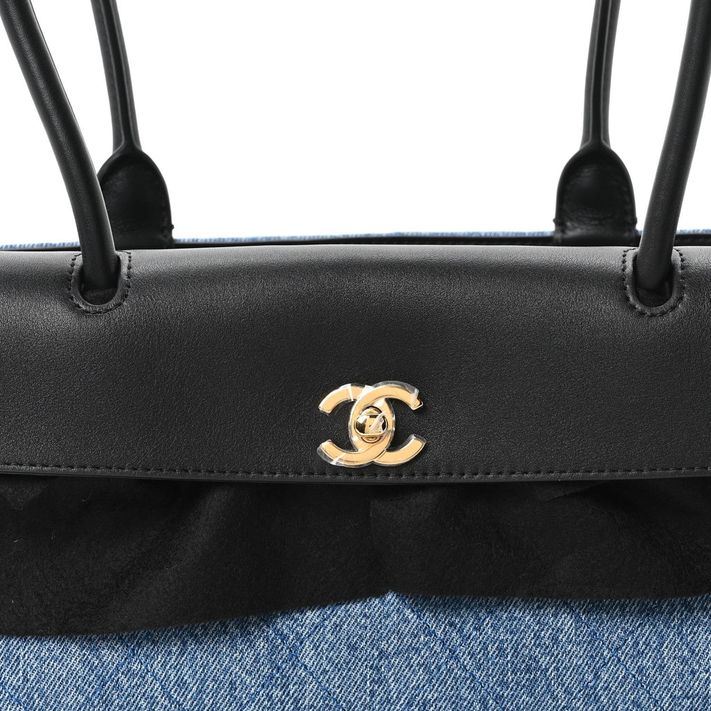 Calfskin Denim Quilted Urban Essentials Small Shopping Bag  Black Blue