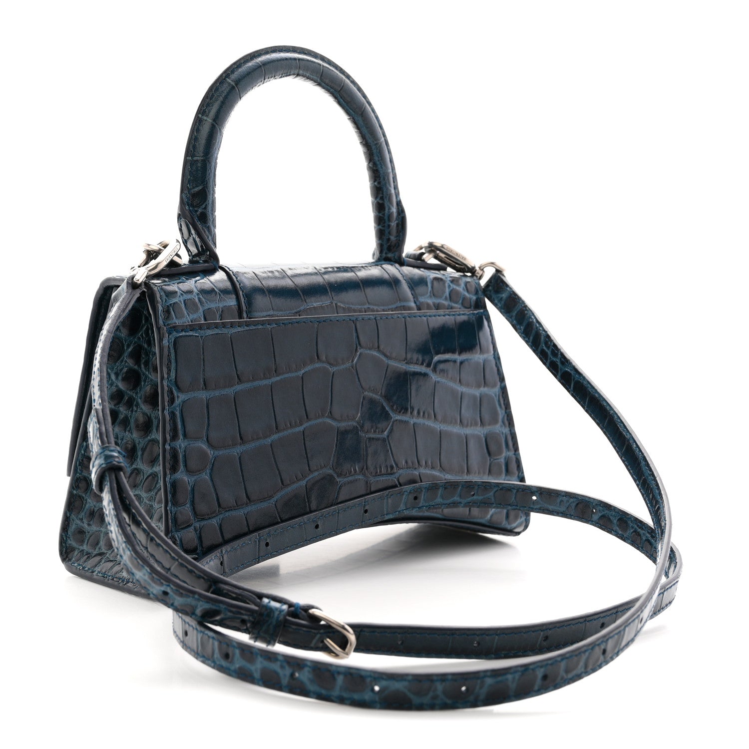 Shiny Calfskin Crocodile Embossed Hourglass Top Handle Bag XS Denim Blue