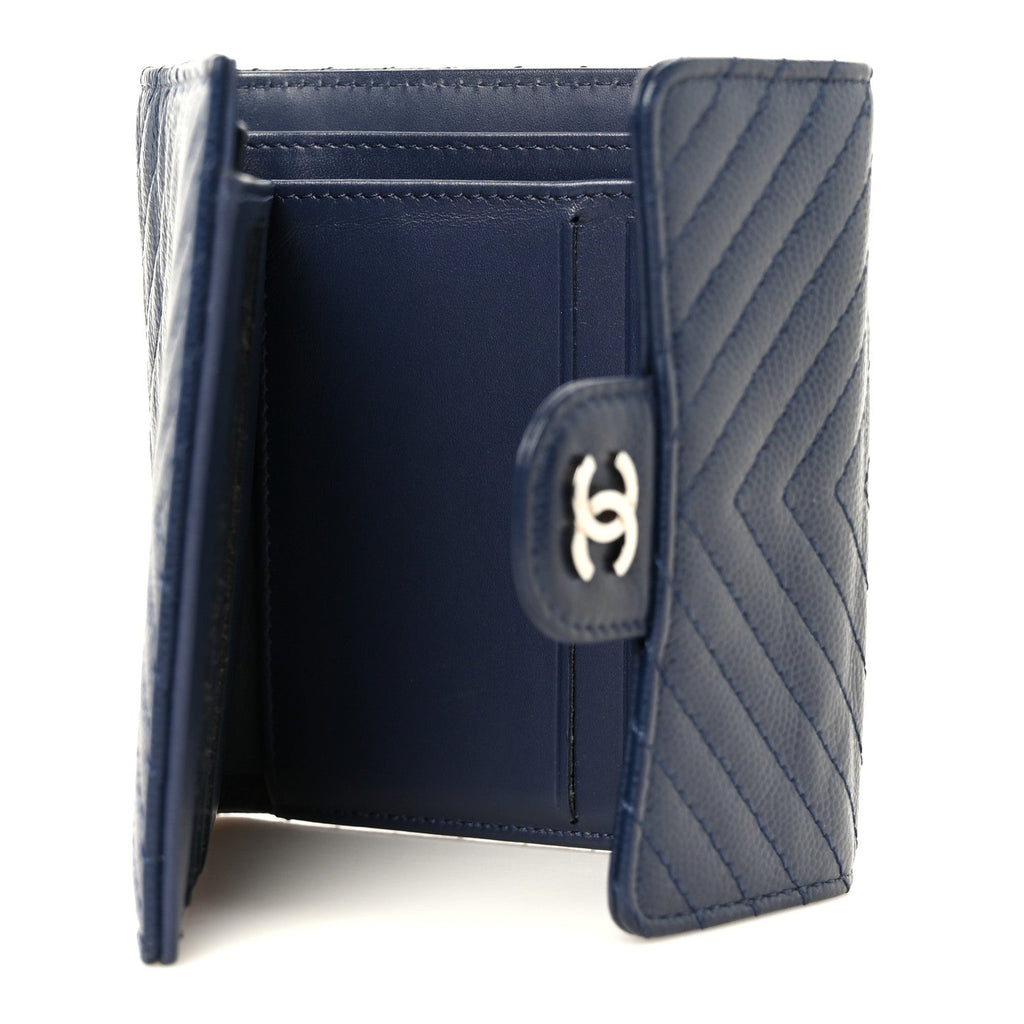 Caviar Chevron Quilted Compact Flap Wallet Navy