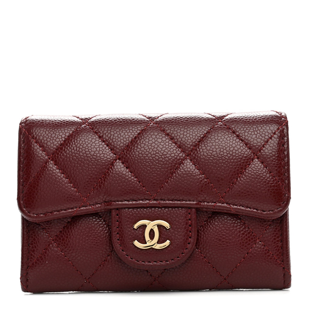 Caviar Quilted Flap Card Holder Wallet Burgundy