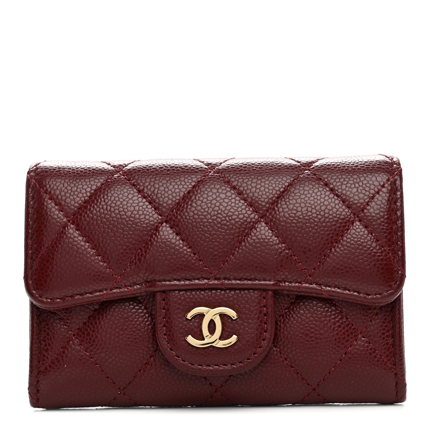 Caviar Quilted Flap Card Holder Wallet Burgundy