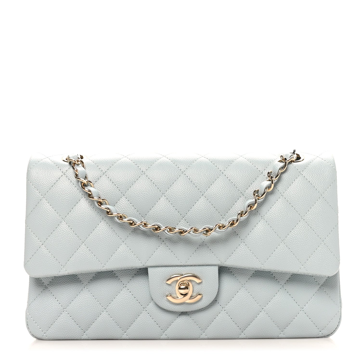 Caviar Quilted Medium Double Flap Light Blue